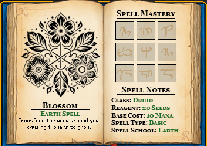 The spell page for the 'Blossom' spell.