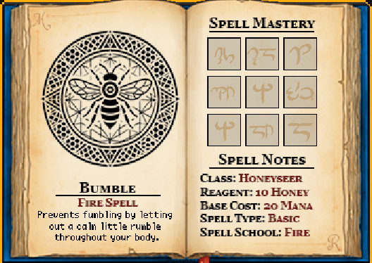 The spell page for the 'Bumble' spell.