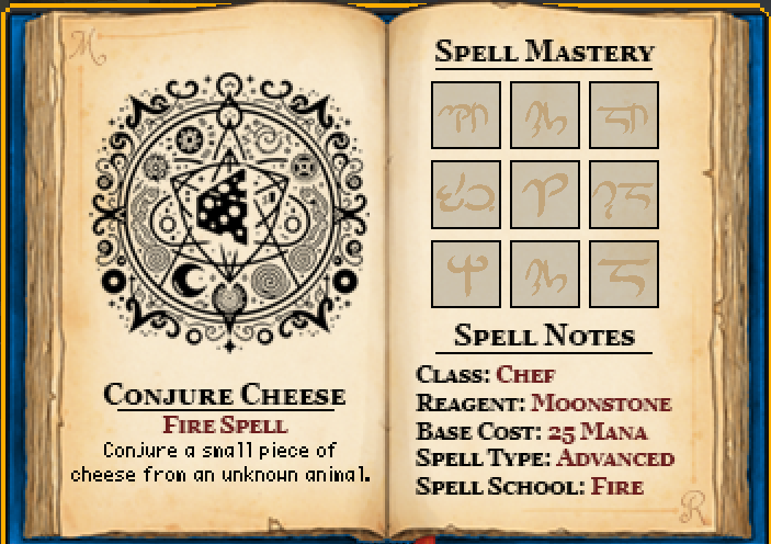 The spell page for the 'Conjure Cheese' spell.