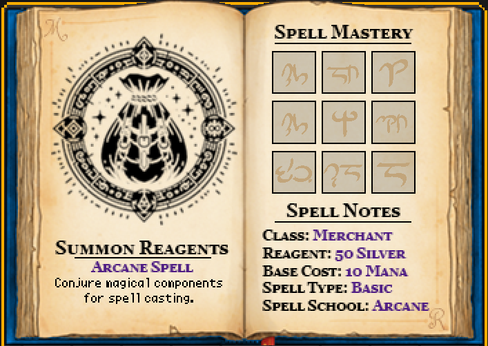 The spell page for the 'Conjure Reagents' spell.