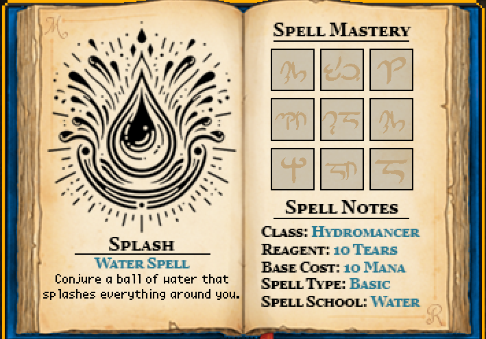 The spell page for the 'Splash' spell.