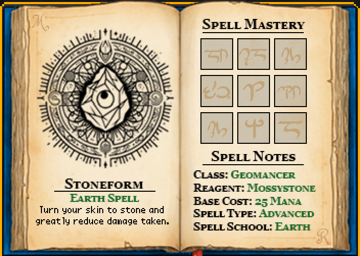 The spell page for the 'Stoneform' spell.